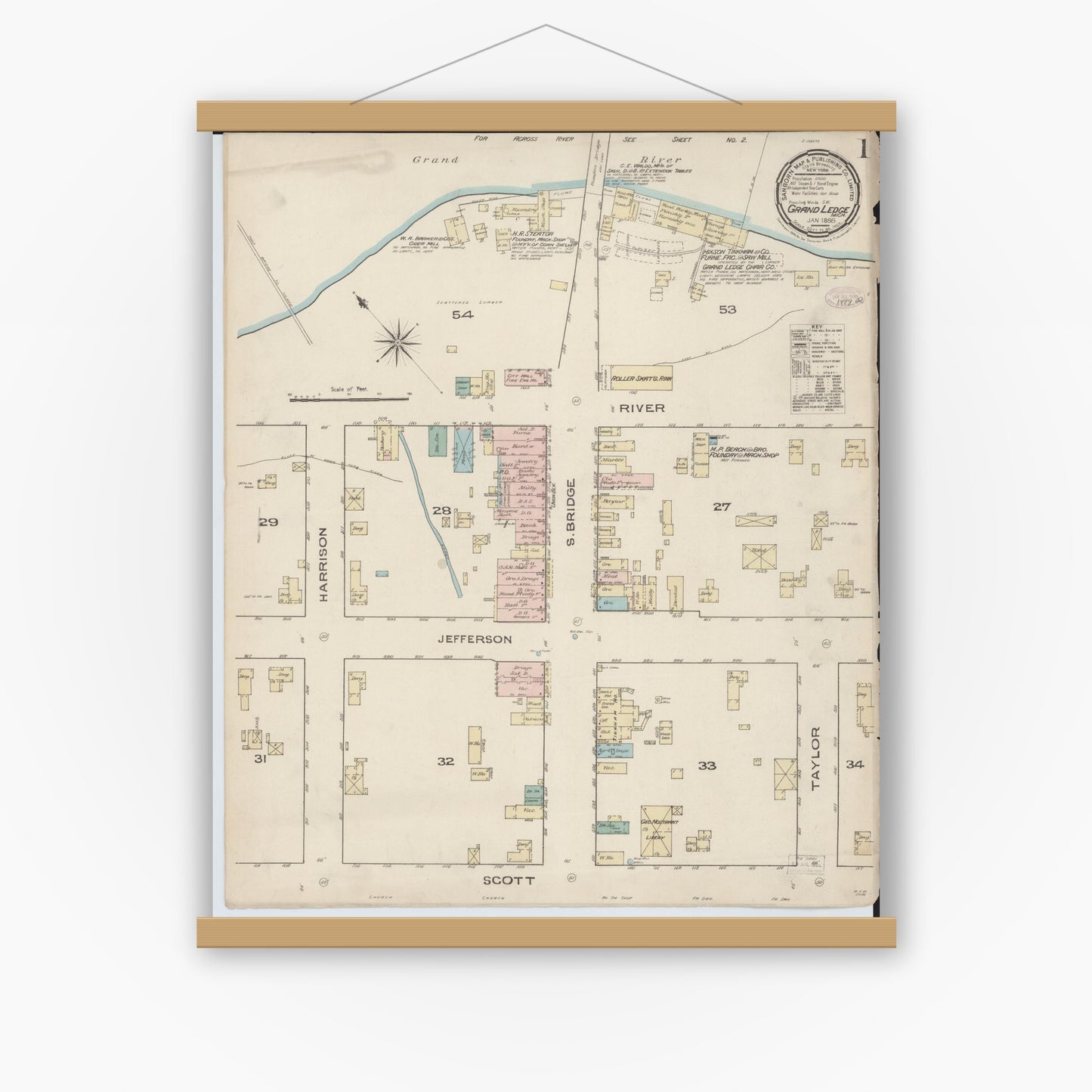 Old map wall art mockup — magnetic wood frame on white wall — Sanborn Fire Insurance Map from Grand Ledge, Eaton County, Michigan (1886) - Complete Map Set