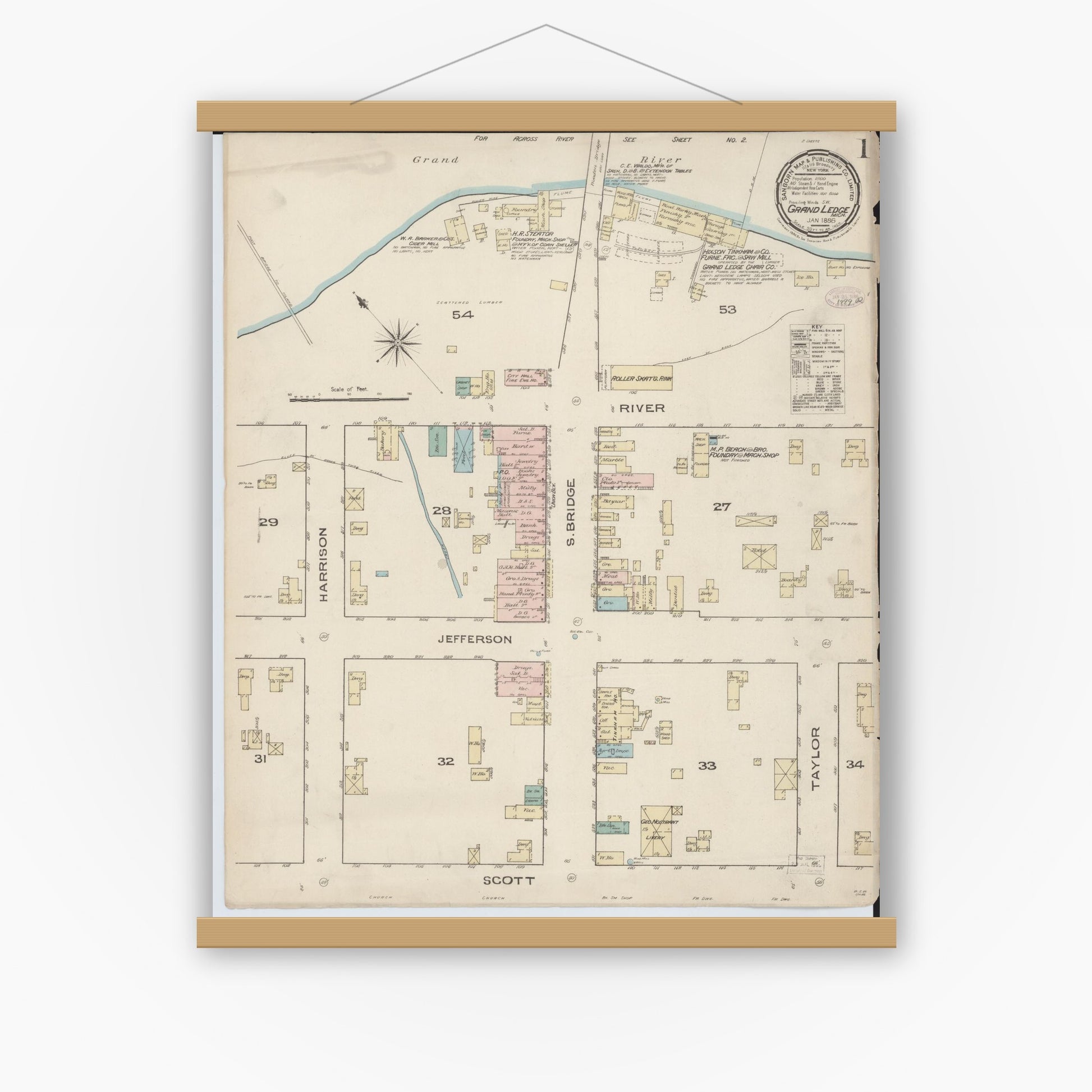 Old map wall art mockup — magnetic wood frame on white wall — Sanborn Fire Insurance Map from Grand Ledge, Eaton County, Michigan (1886) - Complete Map Set