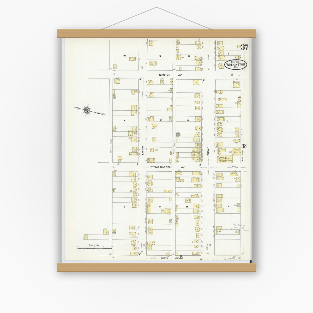 Old map wall art mockup — magnetic wood frame on white wall — Sanborn Fire Insurance Map from Washington, Washington County, Pennsylvania (1909), Sheet #0037