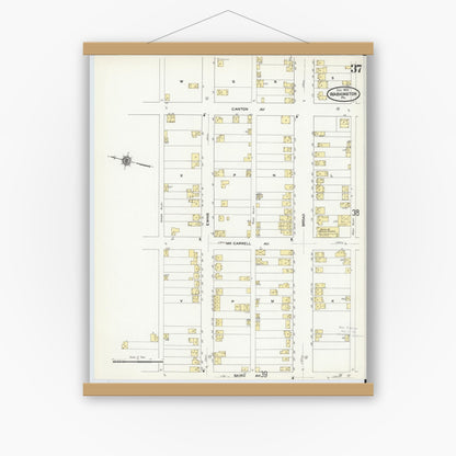 Old map wall art mockup — magnetic wood frame on white wall — Sanborn Fire Insurance Map from Washington, Washington County, Pennsylvania (1909), Sheet #0037