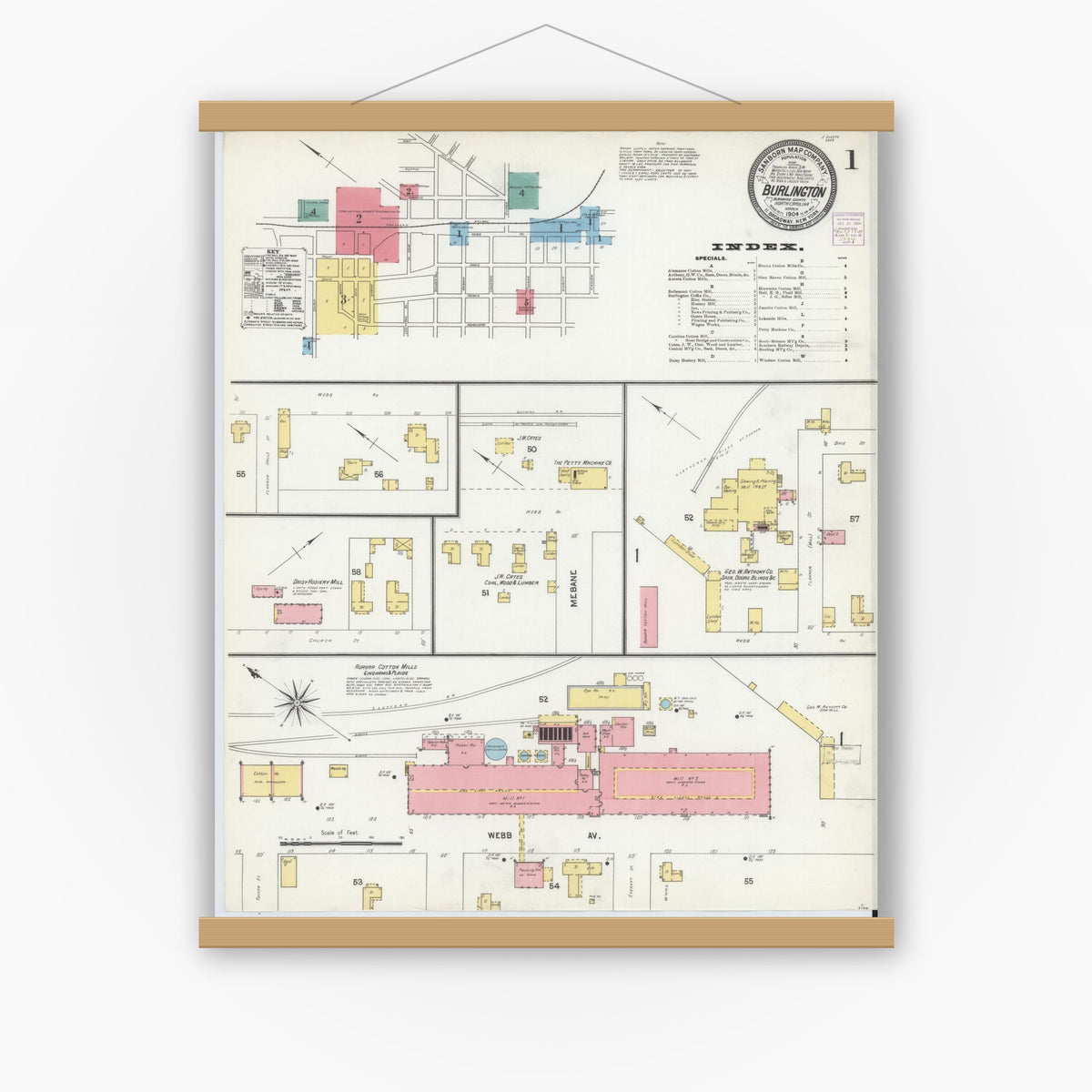 Old map wall art mockup — magnetic wood frame on white wall — Sanborn Fire Insurance Map from Burlington, Alamance County, North Carolina (1904) - Complete Map Set