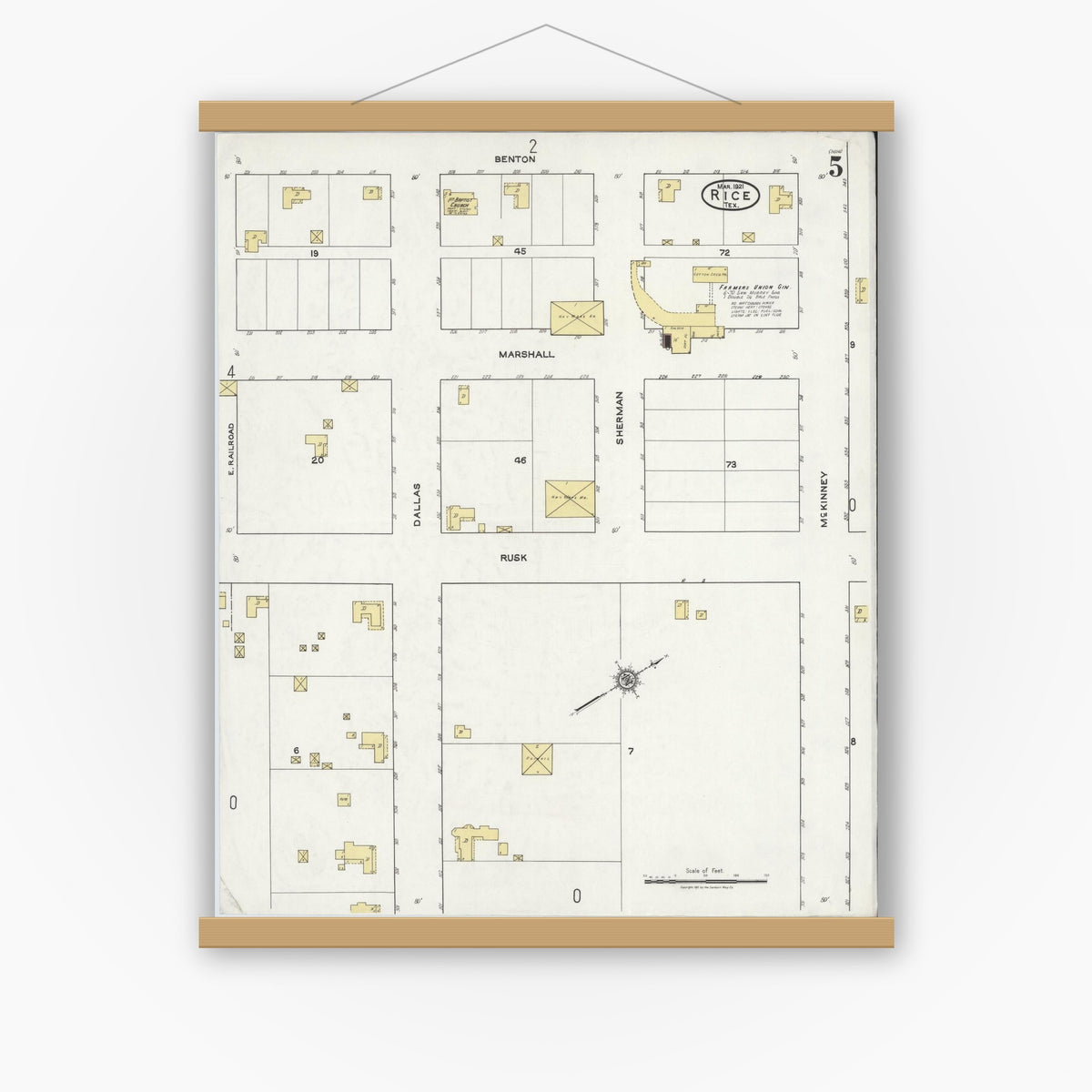 Old map wall art mockup — magnetic wood frame on white wall — Sanborn Fire Insurance Map from Rice, Navarro County, Texas (1921), Sheet #0005