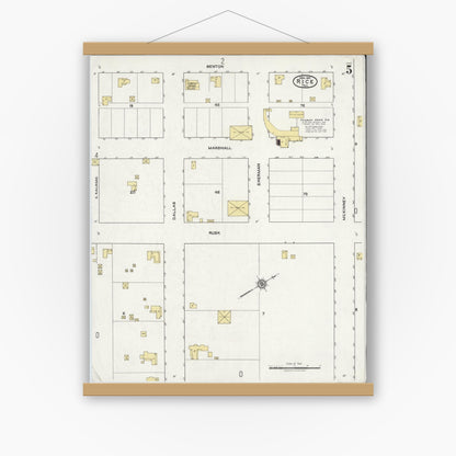 Old map wall art mockup — magnetic wood frame on white wall — Sanborn Fire Insurance Map from Rice, Navarro County, Texas (1921), Sheet #0005