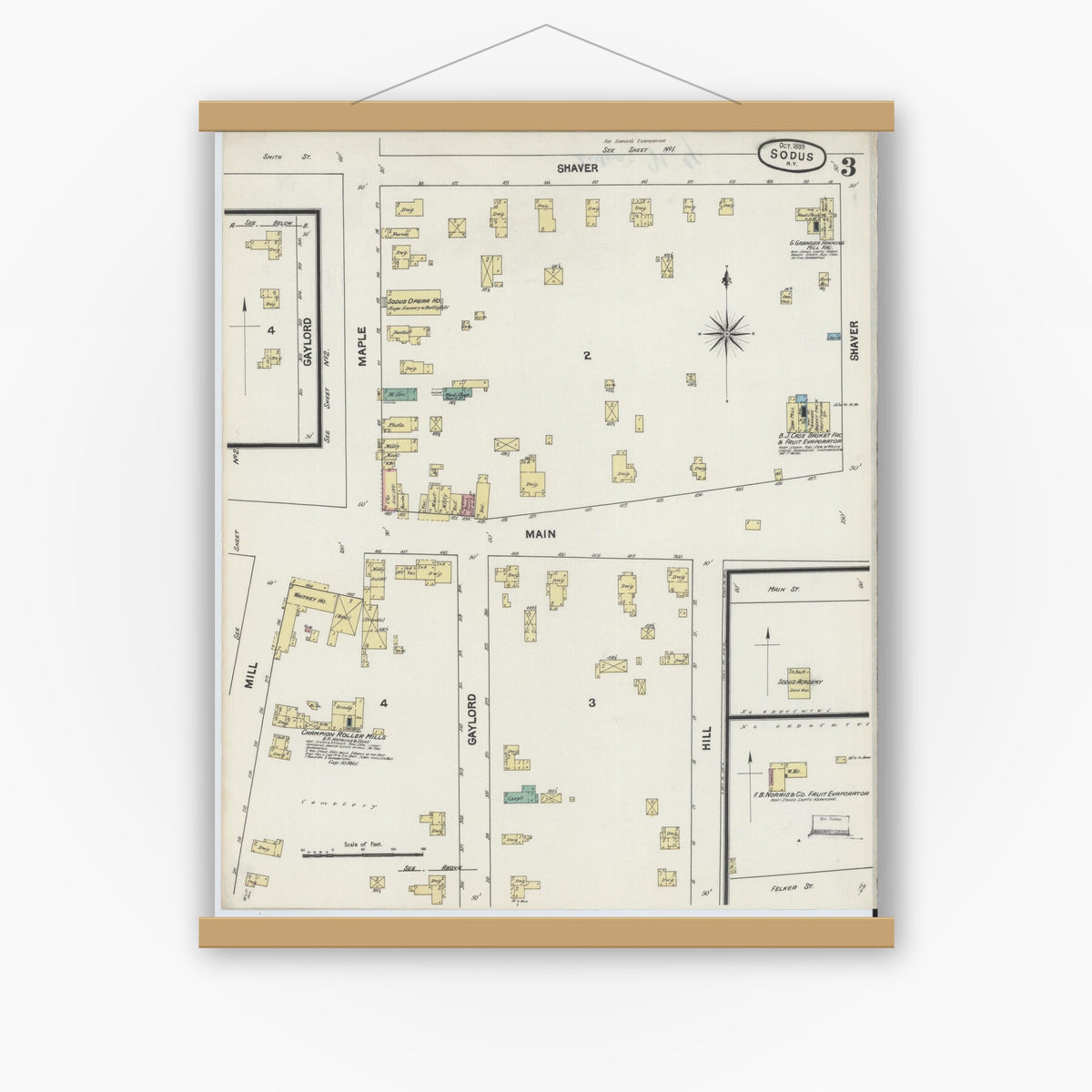 Old map wall art mockup — magnetic wood frame on white wall — Sanborn Fire Insurance Map from Sodus, Wayne County, New York (1889), Sheet #0003