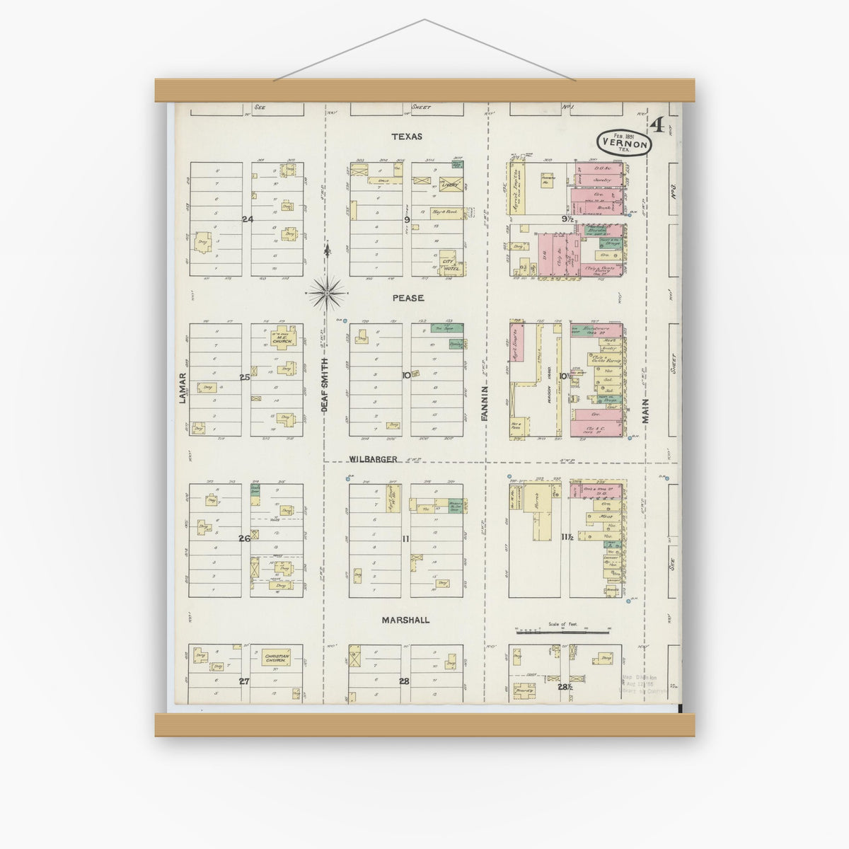 Old map wall art mockup — magnetic wood frame on white wall — Sanborn Fire Insurance Map from Vernon, Wilbarger County, Texas (1891), Sheet #0004