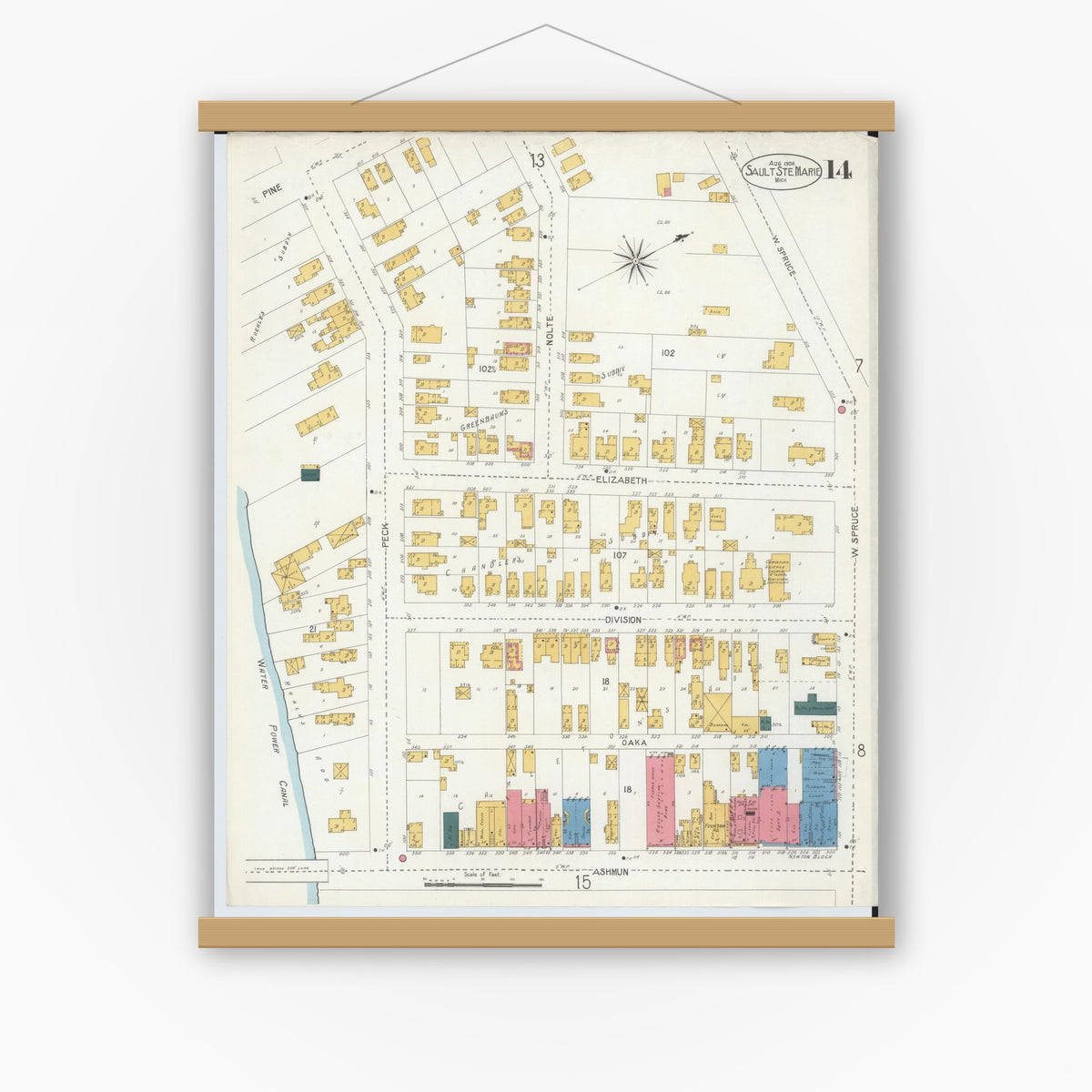 Old map wall art mockup — magnetic wood frame on white wall — Sanborn Fire Insurance Map from Sault Sainte Marie, Chippewa County, Michigan (1906), Sheet #0014