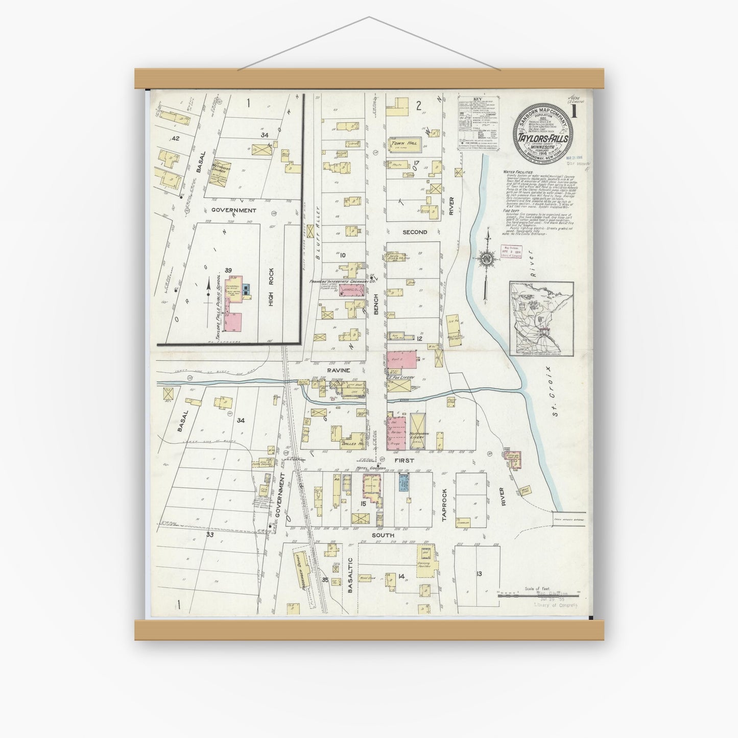 Old map wall art mockup — magnetic wood frame on white wall — Sanborn Fire Insurance Map from Taylors Falls, Chisago County, Minnesota (1914) - Complete Map Set