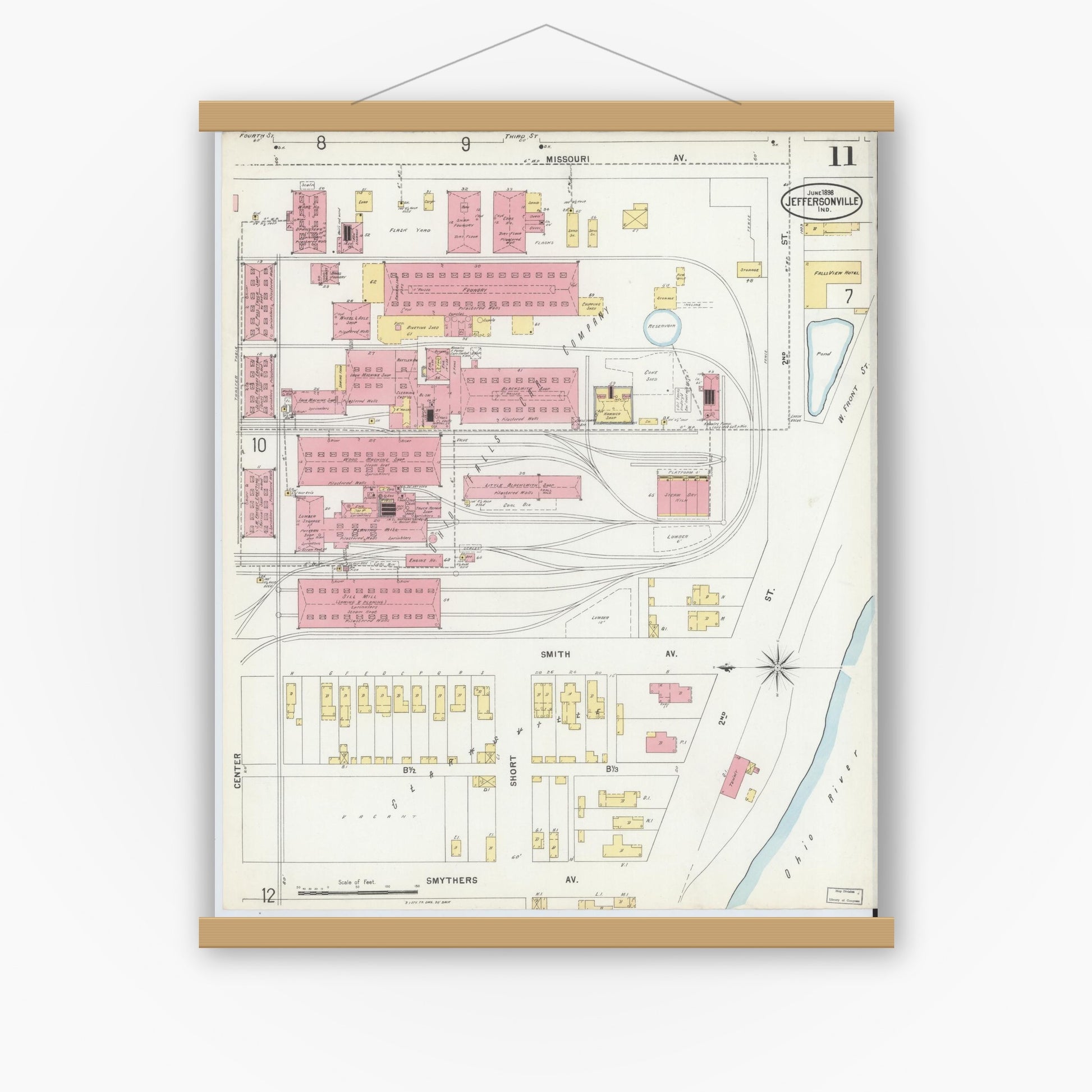 Old map wall art mockup — magnetic wood frame on white wall — Sanborn Fire Insurance Map from Jeffersonville, Clark County, Indiana (1898), Sheet #0011