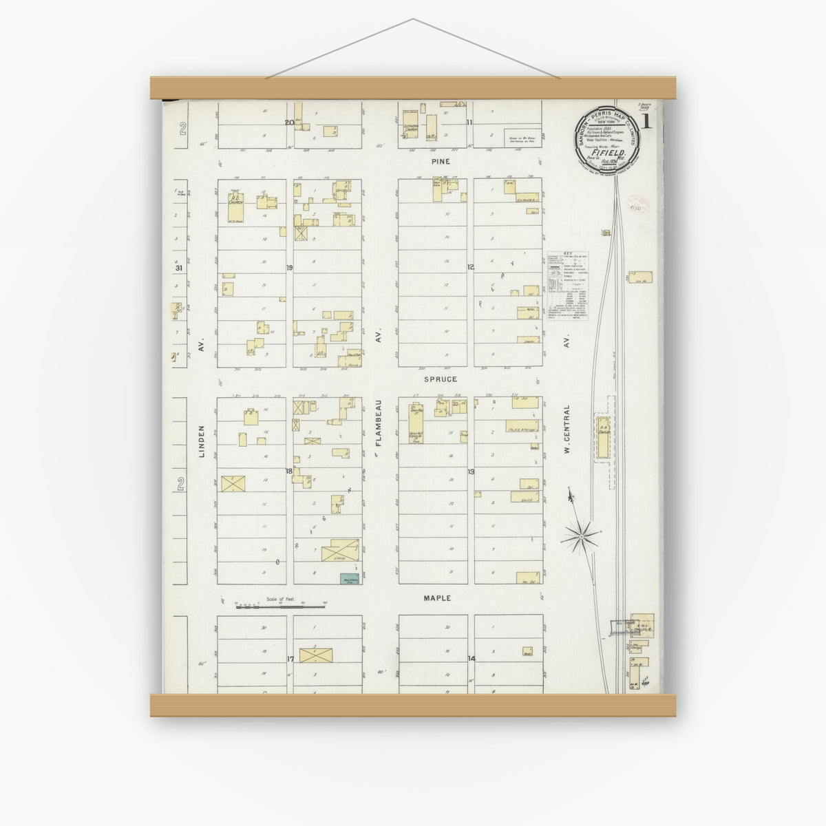 Old map wall art mockup — magnetic wood frame on white wall — Sanborn Fire Insurance Map from Fifield, Price County, Wisconsin (1894), Sheet #0001