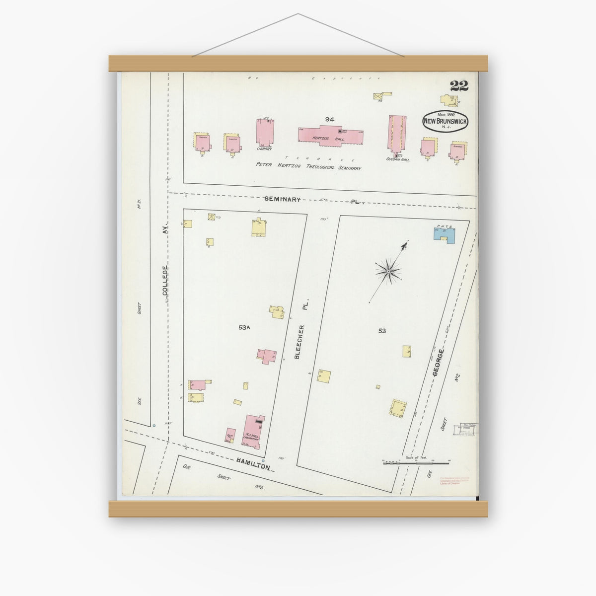 Old map wall art mockup — magnetic wood frame on white wall — Sanborn Fire Insurance Map from New Brunswick, Middlesex County, New Jersey (1892), Sheet #0022