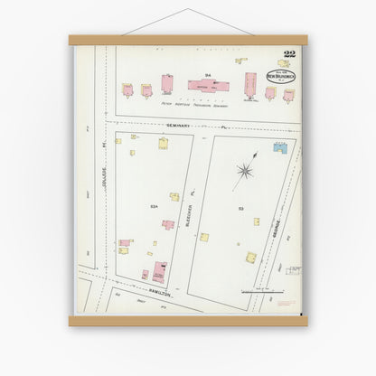 Old map wall art mockup — magnetic wood frame on white wall — Sanborn Fire Insurance Map from New Brunswick, Middlesex County, New Jersey (1892), Sheet #0022