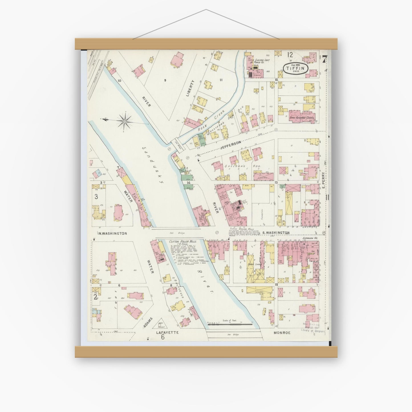 Old map wall art mockup — magnetic wood frame on white wall — Sanborn Fire Insurance Map from Tiffin, Seneca County, Ohio (1896), Sheet #0007