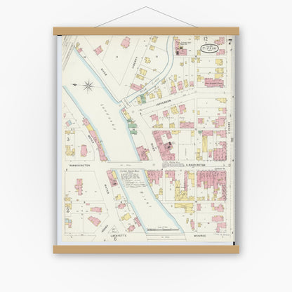 Old map wall art mockup — magnetic wood frame on white wall — Sanborn Fire Insurance Map from Tiffin, Seneca County, Ohio (1896), Sheet #0007