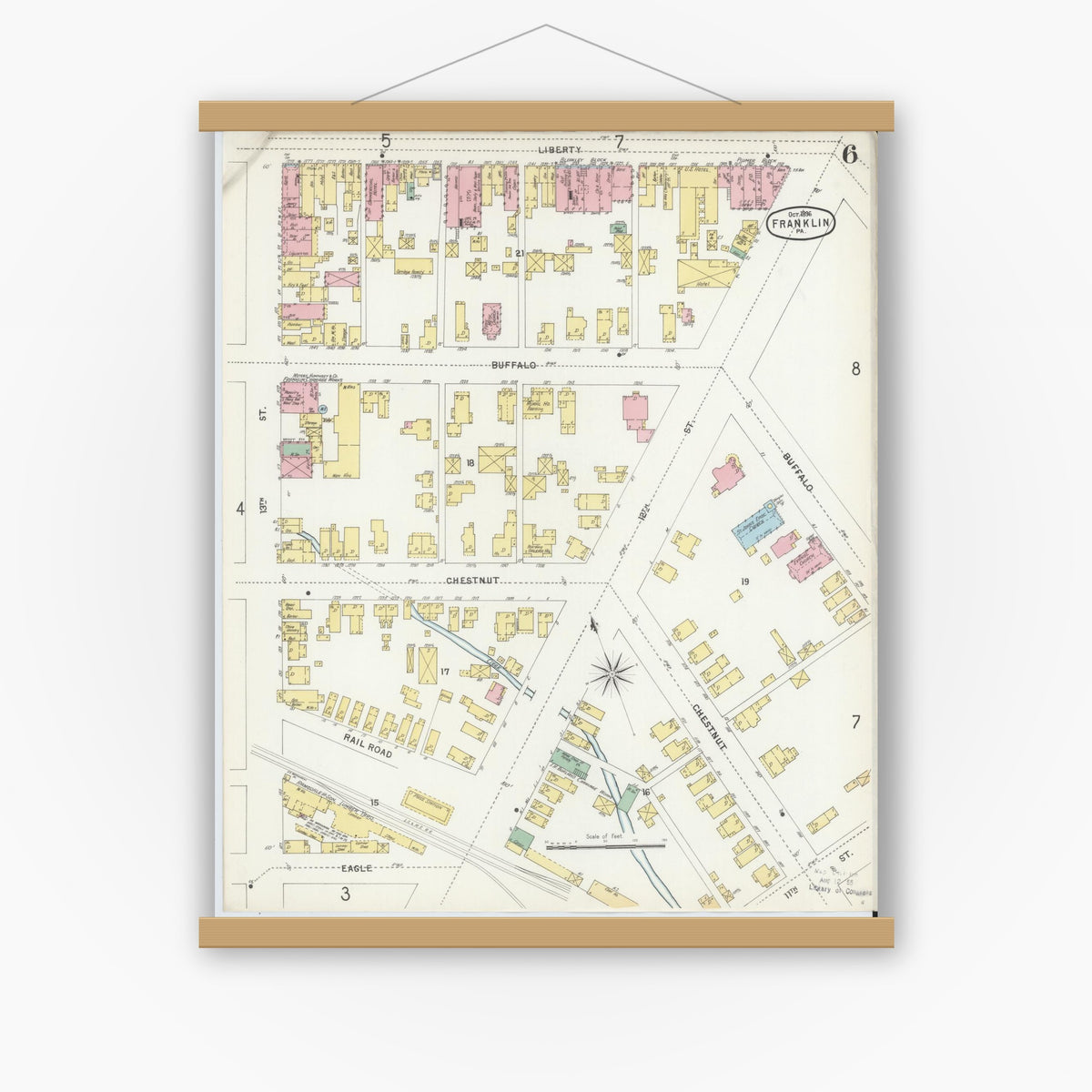 Old map wall art mockup — magnetic wood frame on white wall — Sanborn Fire Insurance Map from Franklin, Venango County, Pennsylvania (1896), Sheet #0006