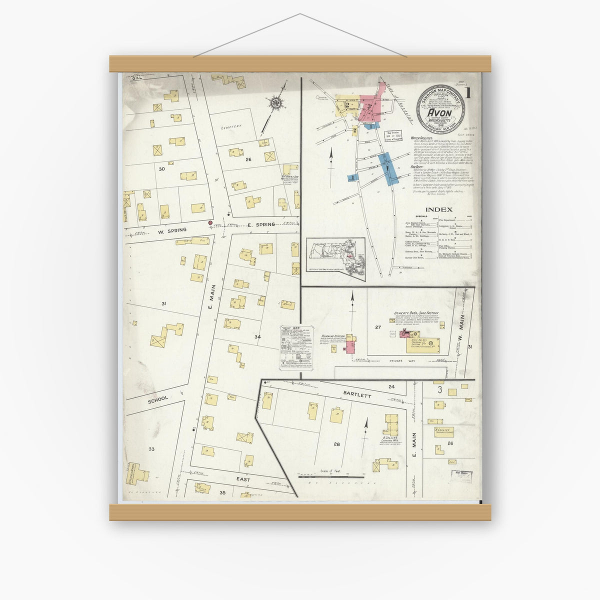 Old map wall art mockup — magnetic wood frame on white wall — Sanborn Fire Insurance Map from Avon, Norfolk County, Massachusetts (1916) - Complete Map Set