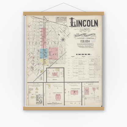 Old map wall art mockup — magnetic wood frame on white wall — Sanborn Fire Insurance Map from Lincoln, Logan County, Illinois (1884), Sheet #0001