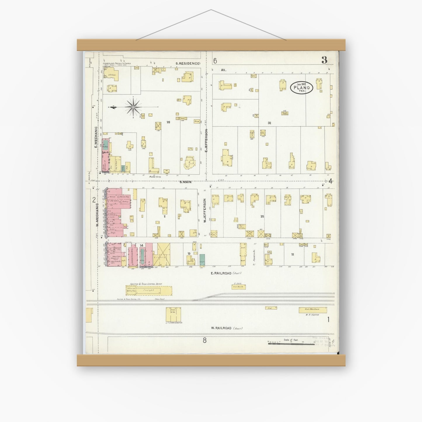 Old map wall art mockup — magnetic wood frame on white wall — Sanborn Fire Insurance Map from Plano, Collin County, Texas (1907), Sheet #0003