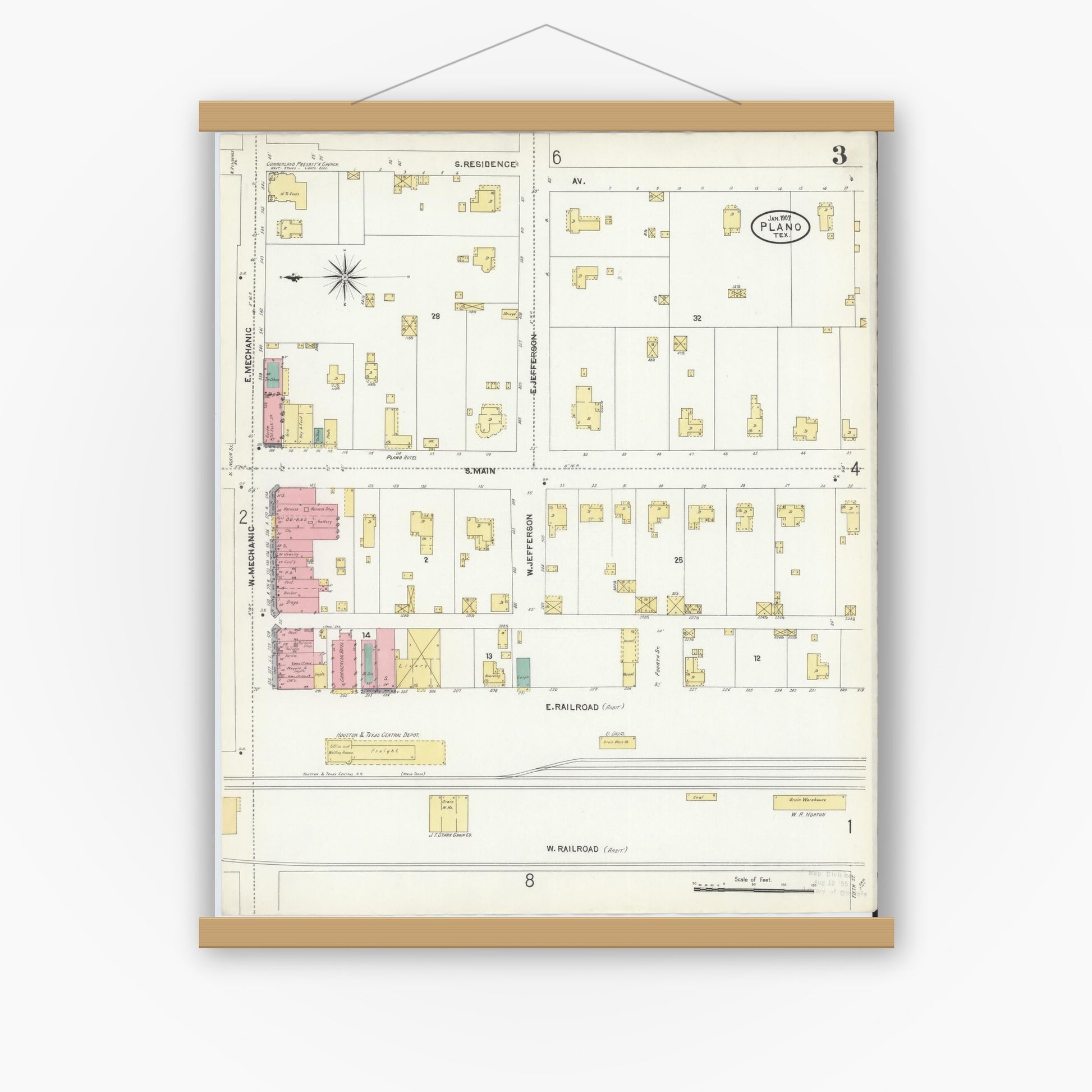 Old map wall art mockup — magnetic wood frame on white wall — Sanborn Fire Insurance Map from Plano, Collin County, Texas (1907), Sheet #0003
