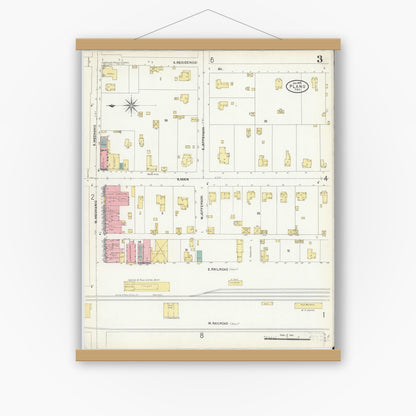 Old map wall art mockup — magnetic wood frame on white wall — Sanborn Fire Insurance Map from Plano, Collin County, Texas (1907), Sheet #0003