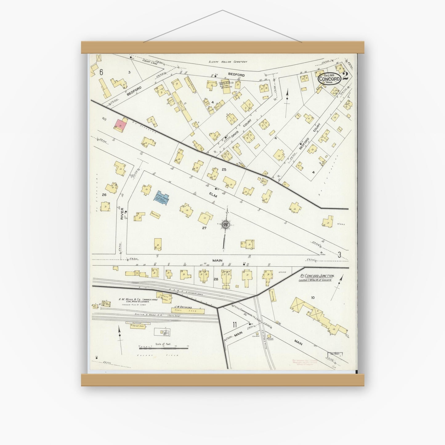 Old map wall art mockup — magnetic wood frame on white wall — Sanborn Fire Insurance Map from Concord, Middlesex County, Massachusetts (1909), Sheet #0002