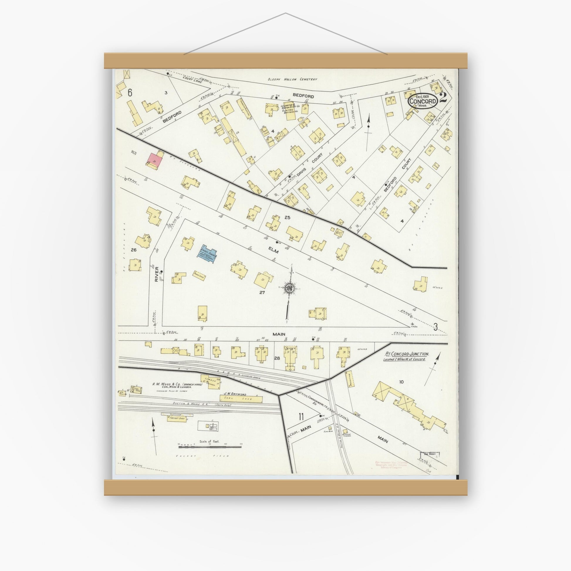 Old map wall art mockup — magnetic wood frame on white wall — Sanborn Fire Insurance Map from Concord, Middlesex County, Massachusetts (1909), Sheet #0002