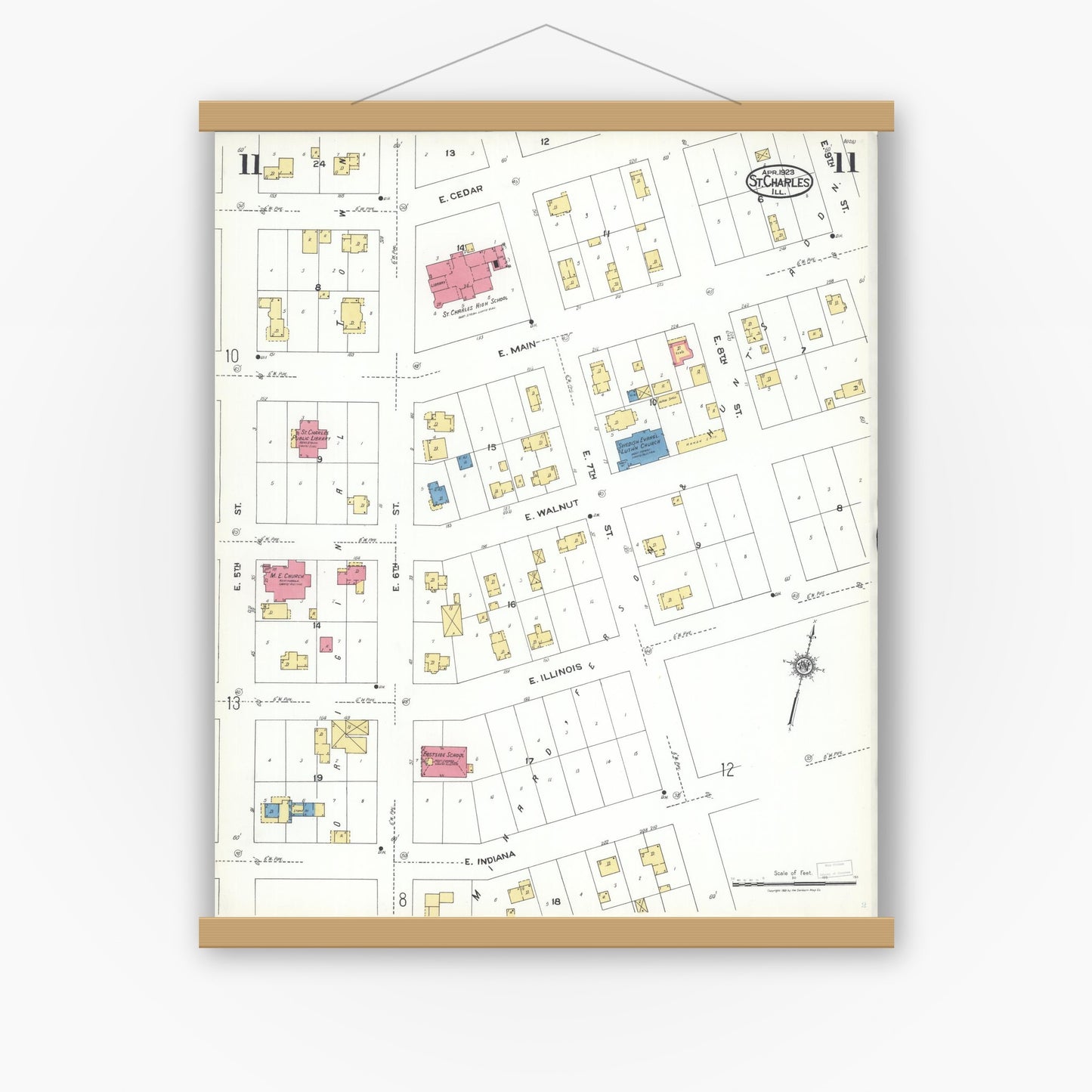 Old map wall art mockup — magnetic wood frame on white wall — Sanborn Fire Insurance Map from Saint Charles, Kane County, Illinois (1923), Sheet #0011