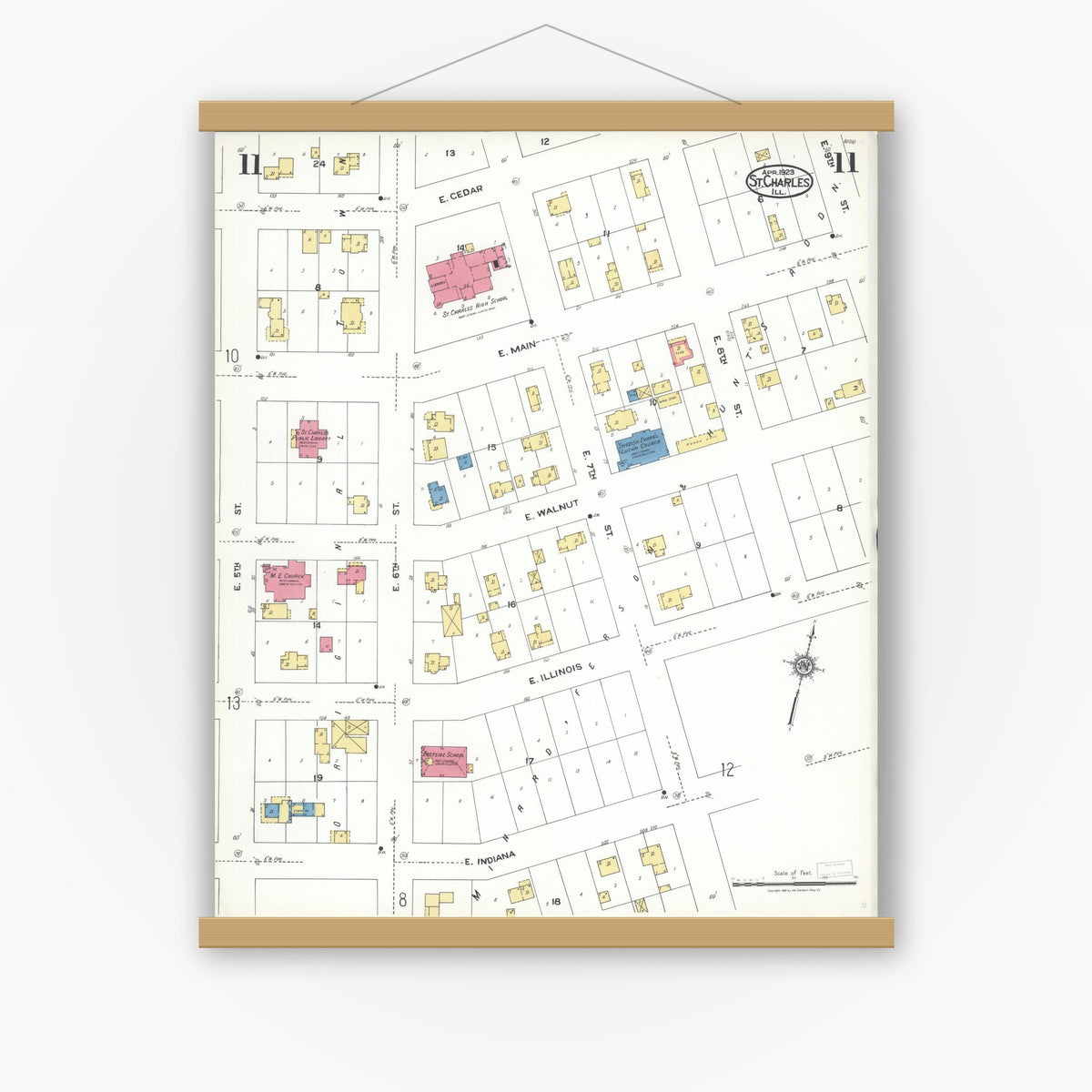 Old map wall art mockup — magnetic wood frame on white wall — Sanborn Fire Insurance Map from Saint Charles, Kane County, Illinois (1923), Sheet #0011