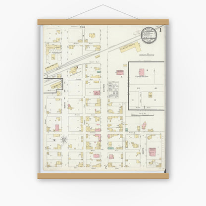 Old map wall art mockup — magnetic wood frame on white wall — Sanborn Fire Insurance Map from West Alexandria, Preble County, Ohio (1896), Sheet #0001