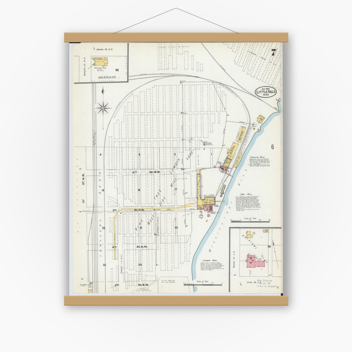 Old map wall art mockup — magnetic wood frame on white wall — Sanborn Fire Insurance Map from Little Falls, Morrison County, Minnesota (1902), Sheet #0007