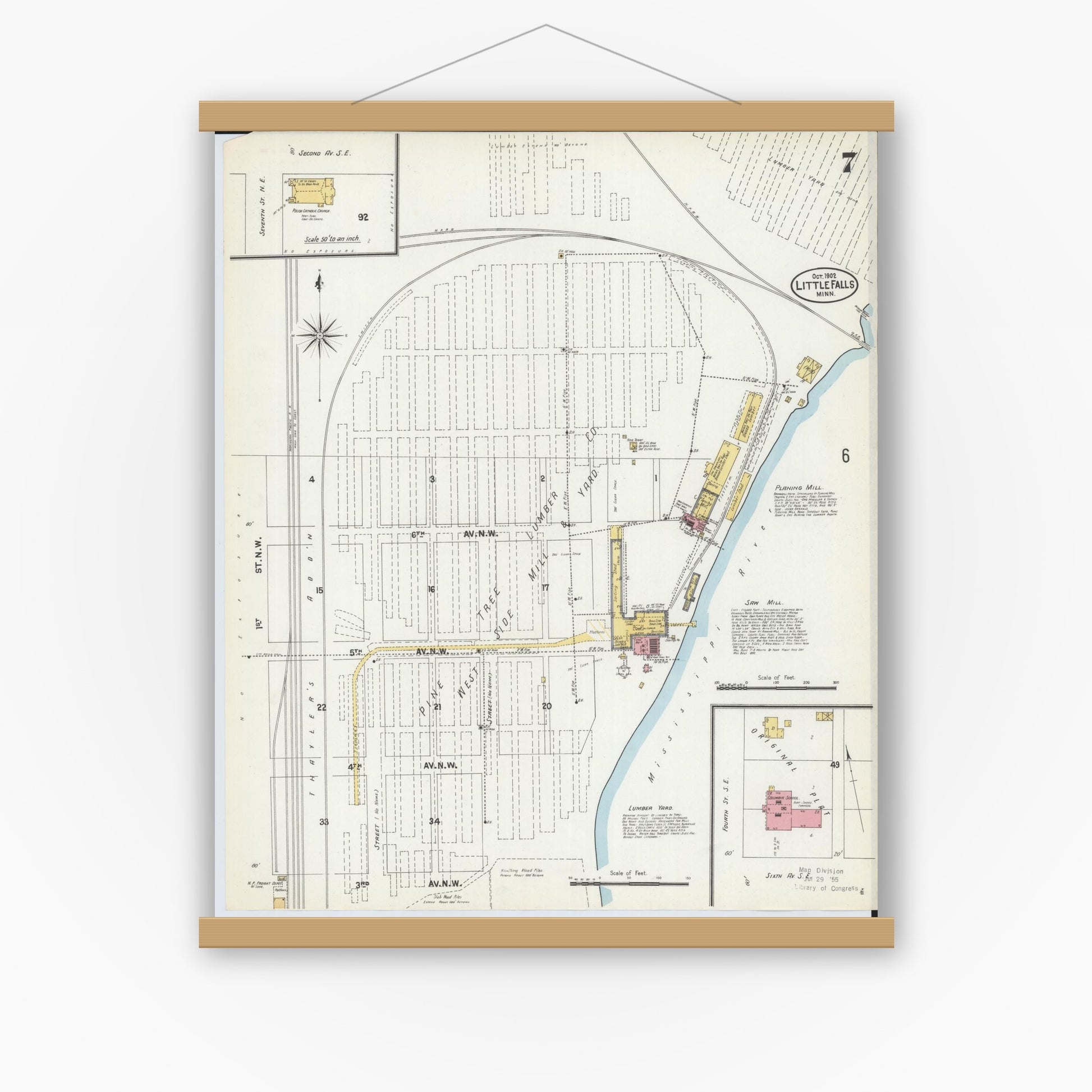 Old map wall art mockup — magnetic wood frame on white wall — Sanborn Fire Insurance Map from Little Falls, Morrison County, Minnesota (1902), Sheet #0007