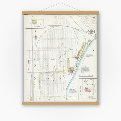Old map wall art mockup — magnetic wood frame on white wall — Sanborn Fire Insurance Map from Little Falls, Morrison County, Minnesota (1902), Sheet #0007