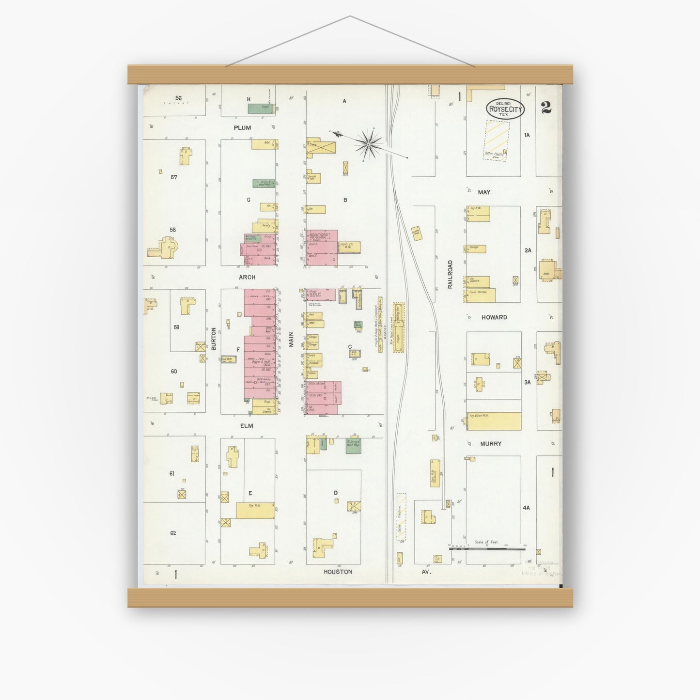 Old map wall art mockup — magnetic wood frame on white wall — Sanborn Fire Insurance Map from Royse City, Rockwell County, Texas (1901), Sheet #0002
