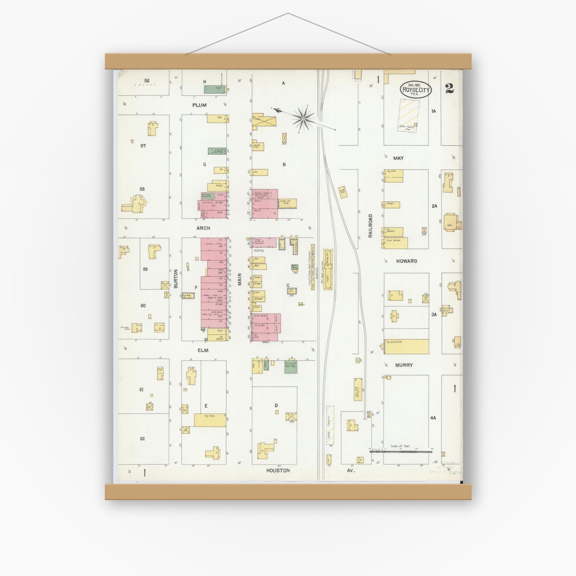 Old map wall art mockup — magnetic wood frame on white wall — Sanborn Fire Insurance Map from Royse City, Rockwell County, Texas (1901), Sheet #0002