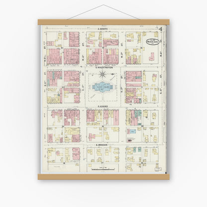 Old map wall art mockup — magnetic wood frame on white wall — Sanborn Fire Insurance Map from Marion, Grant County, Indiana (1890), Sheet #0004