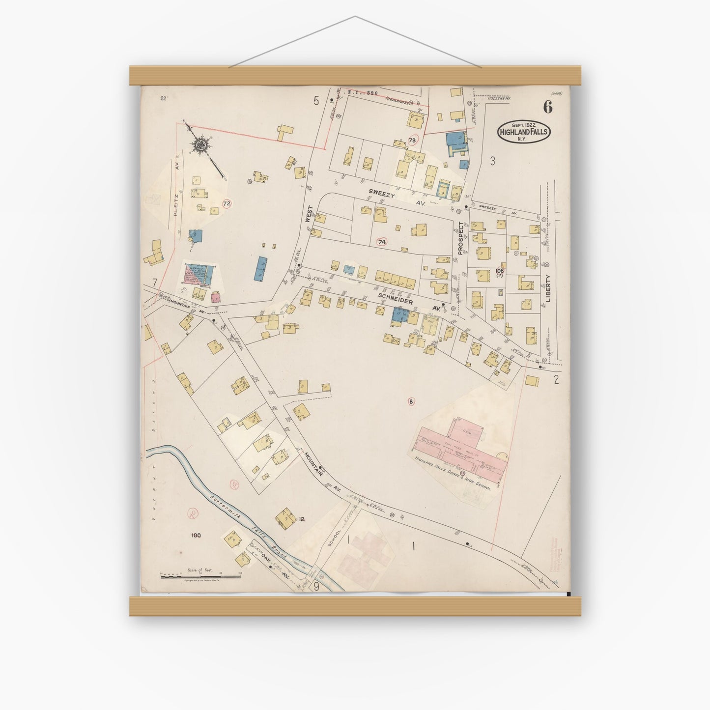 Old map wall art mockup — magnetic wood frame on white wall — Sanborn Fire Insurance Map from Highland Falls, Orange County, New York (1937), Sheet #0006