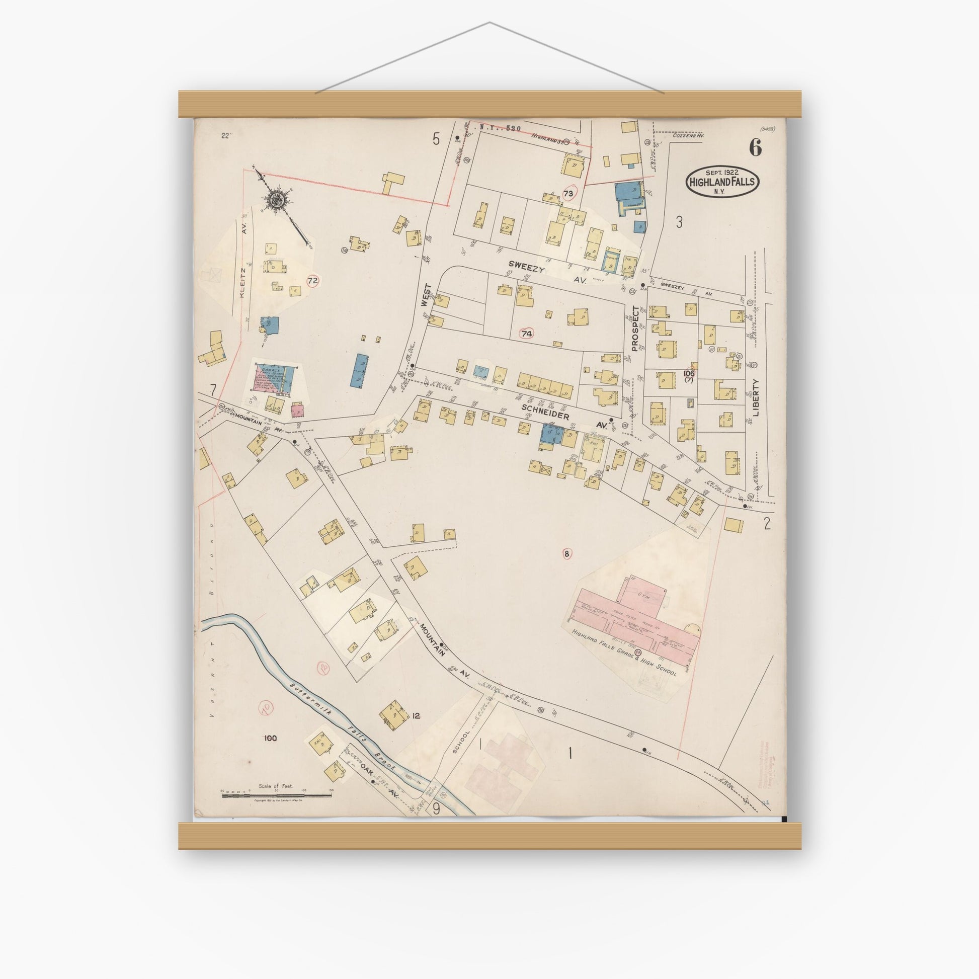 Old map wall art mockup — magnetic wood frame on white wall — Sanborn Fire Insurance Map from Highland Falls, Orange County, New York (1937), Sheet #0006