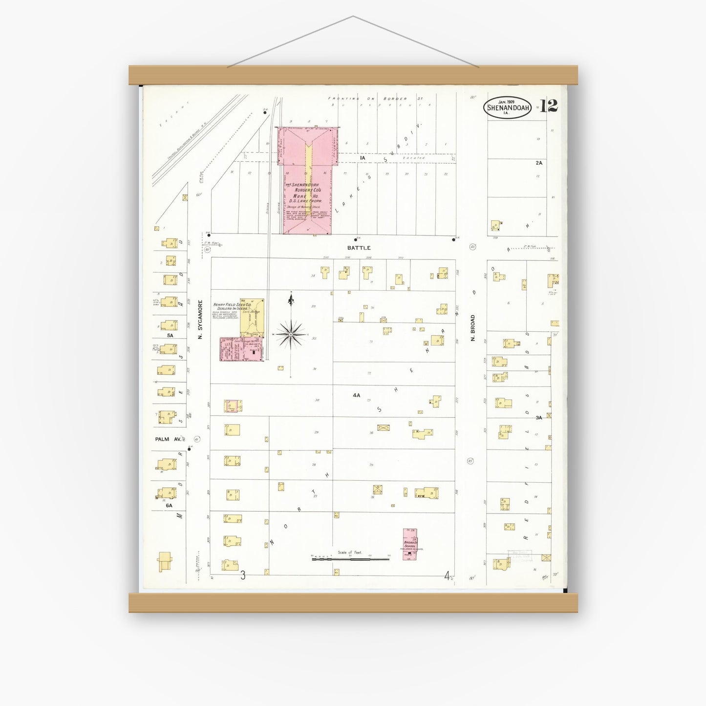 Old map wall art mockup — magnetic wood frame on white wall — Sanborn Fire Insurance Map from Shenandoah, Page County, Iowa (1909), Sheet #0012