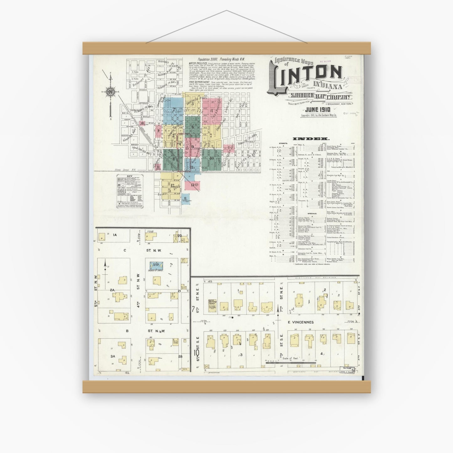 Old map wall art mockup — magnetic wood frame on white wall — Sanborn Fire Insurance Map from Linton, Greene County, Indiana (1910), Sheet #0001