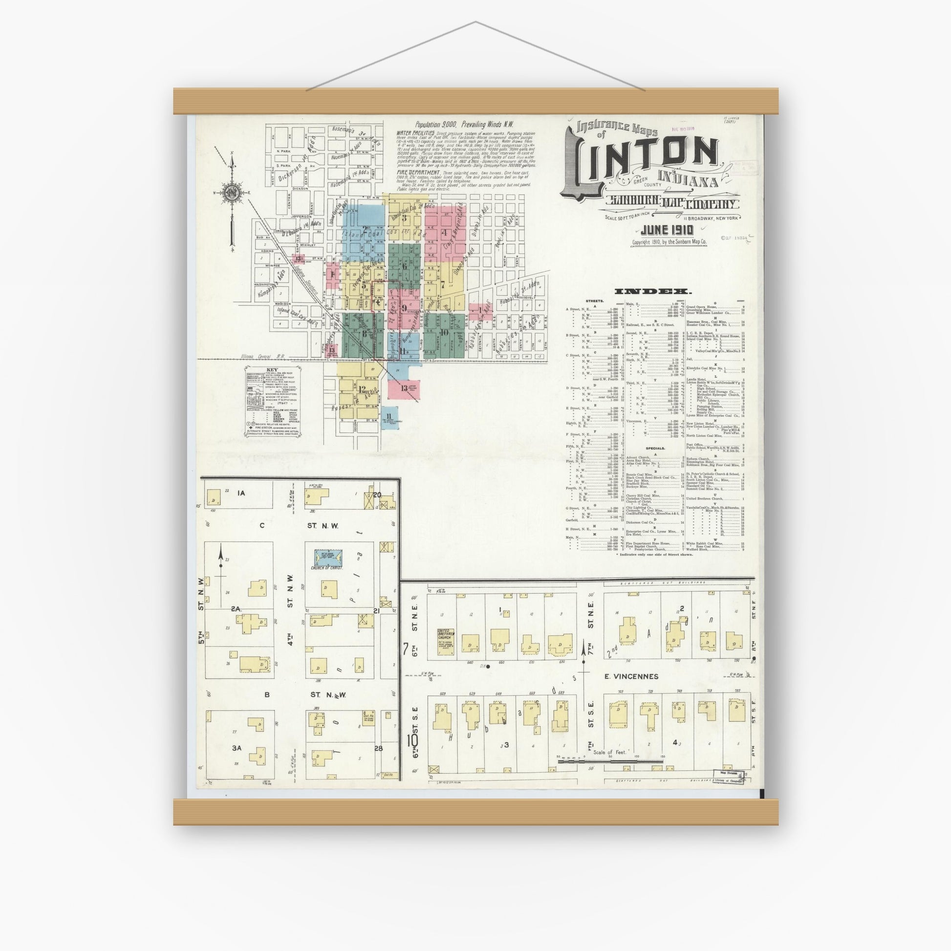Old map wall art mockup — magnetic wood frame on white wall — Sanborn Fire Insurance Map from Linton, Greene County, Indiana (1910), Sheet #0001