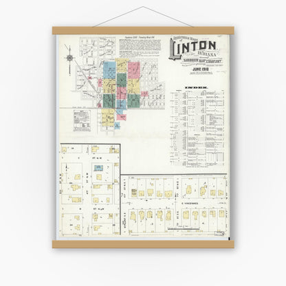 Old map wall art mockup — magnetic wood frame on white wall — Sanborn Fire Insurance Map from Linton, Greene County, Indiana (1910), Sheet #0001