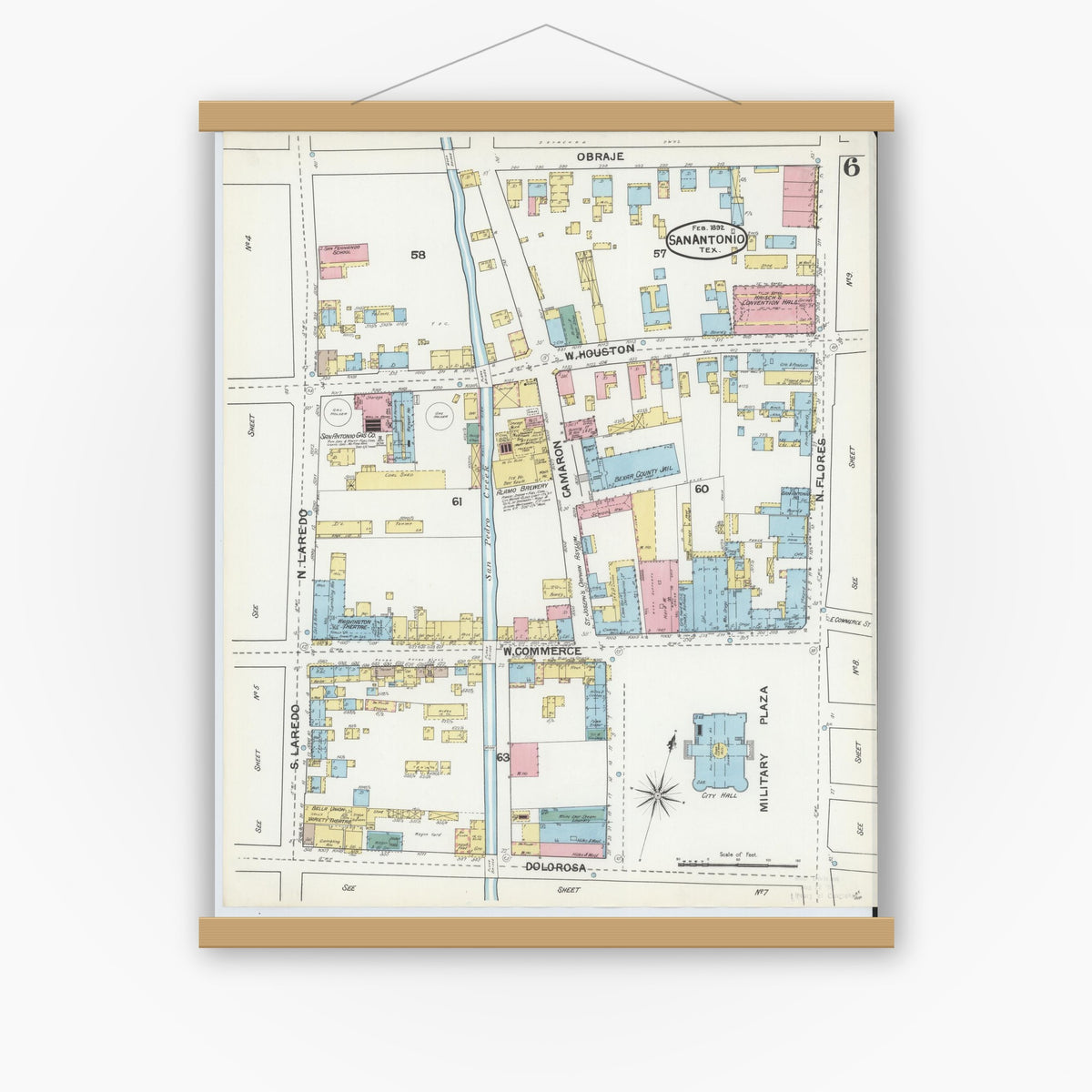 Old map wall art mockup — magnetic wood frame on white wall — Sanborn Fire Insurance Map from San Antonio, Bexar County, Texas (1892), Sheet #0006