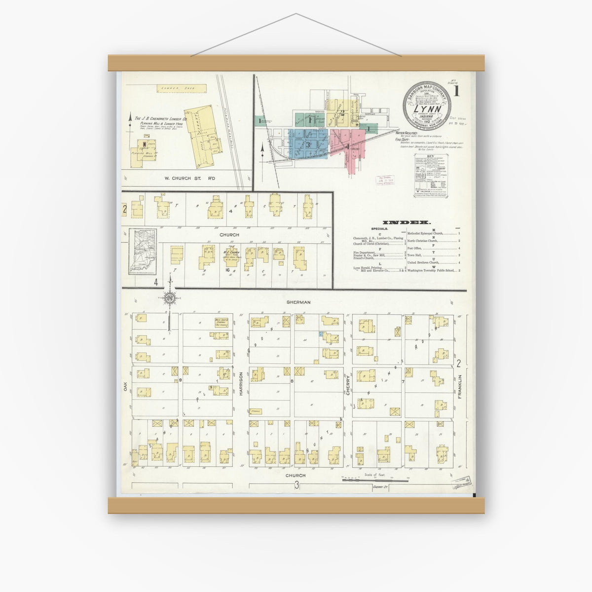 Old map wall art mockup — magnetic wood frame on white wall — Sanborn Fire Insurance Map from Lynn, Randolph County, Indiana (1912), Sheet #0001