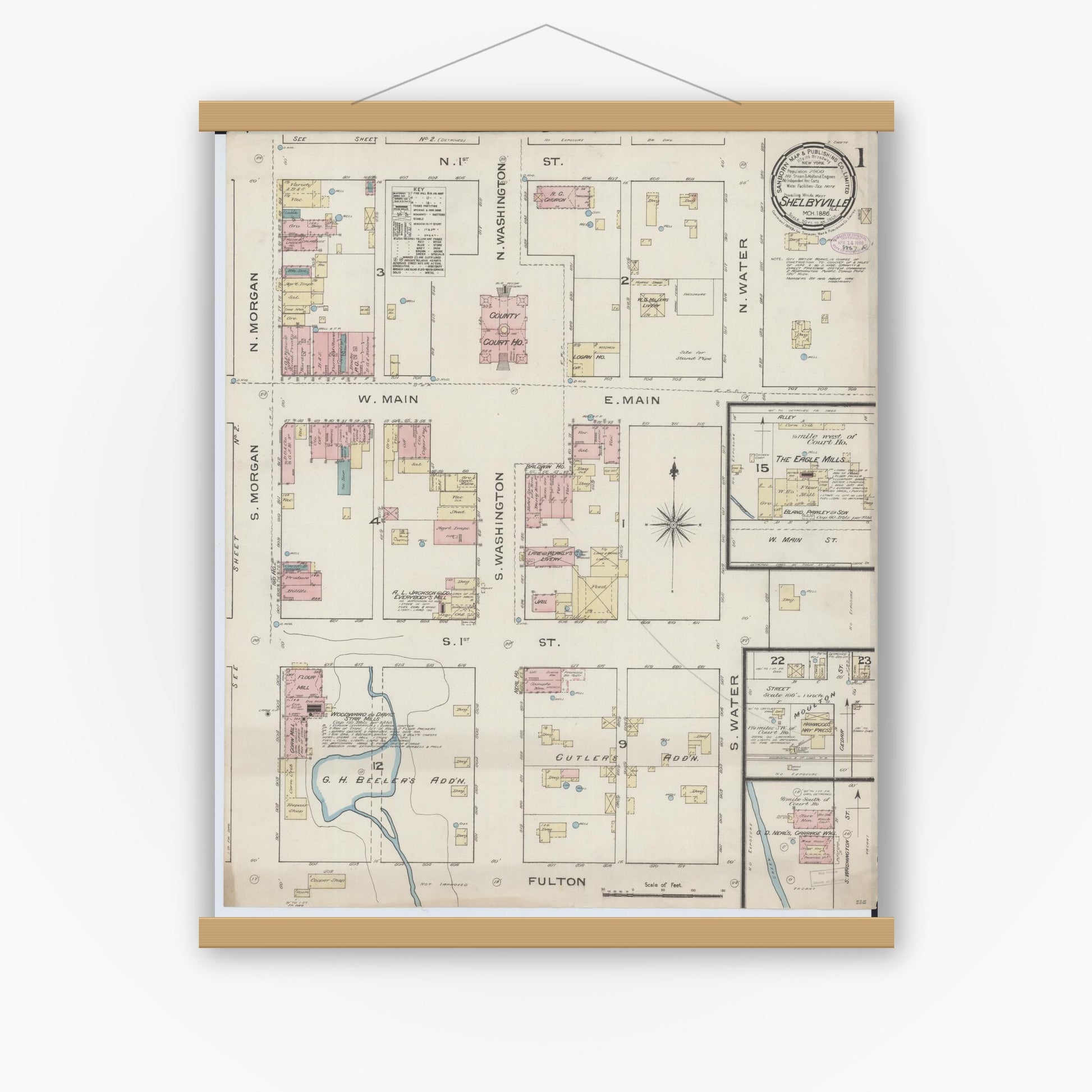 Old map wall art mockup — magnetic wood frame on white wall — Sanborn Fire Insurance Map from Shelbyville, Shelby County, Illinois (1886) - Complete Map Set