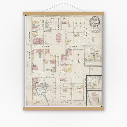 Old map wall art mockup — magnetic wood frame on white wall — Sanborn Fire Insurance Map from Shelbyville, Shelby County, Illinois (1886) - Complete Map Set