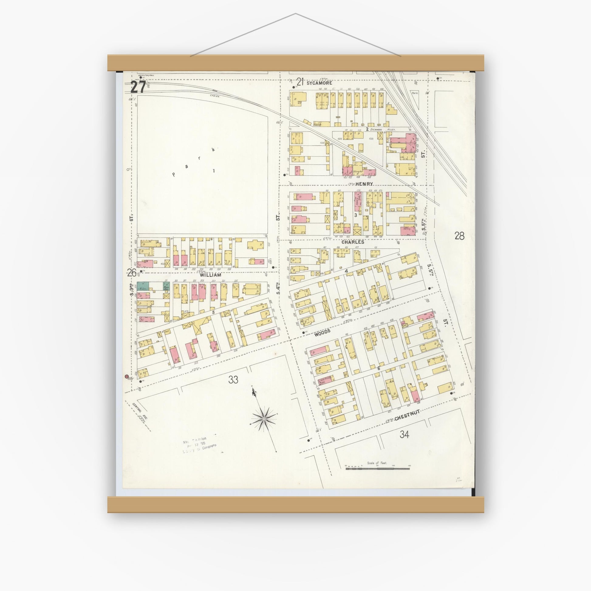 Old map wall art mockup — magnetic wood frame on white wall — Sanborn Fire Insurance Map from Hamilton, Butler County, Ohio (1899), Sheet #0027