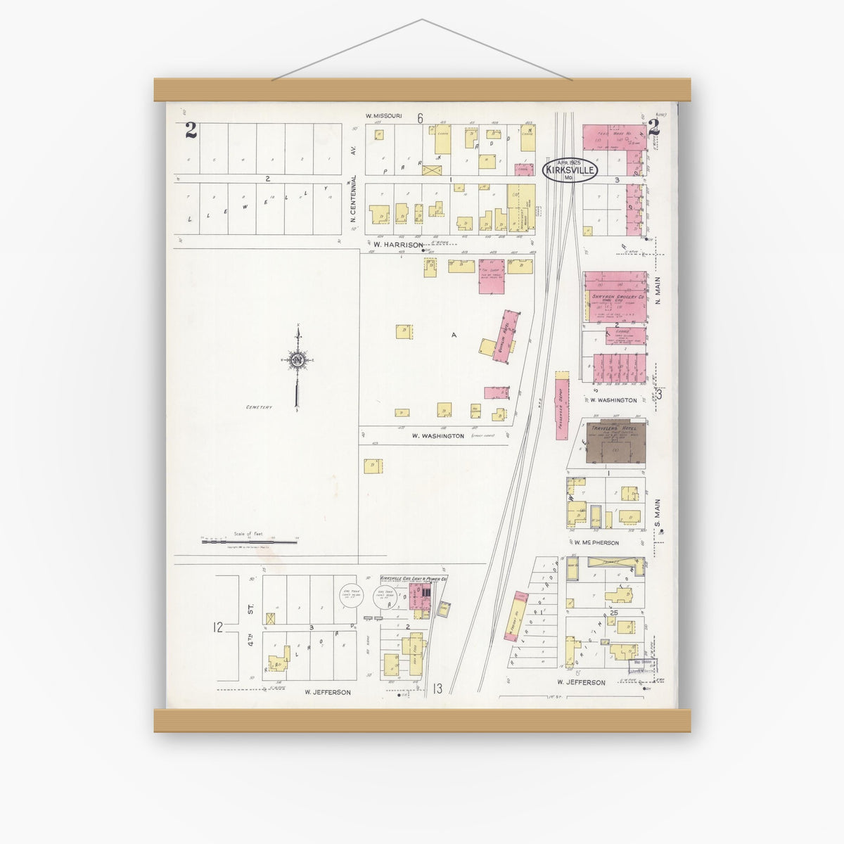 Old map wall art mockup — magnetic wood frame on white wall — Sanborn Fire Insurance Map from Kirksville, Adair County, Missouri (1925), Sheet #0002