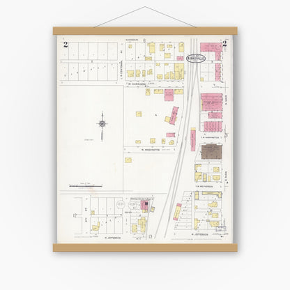 Old map wall art mockup — magnetic wood frame on white wall — Sanborn Fire Insurance Map from Kirksville, Adair County, Missouri (1925), Sheet #0002