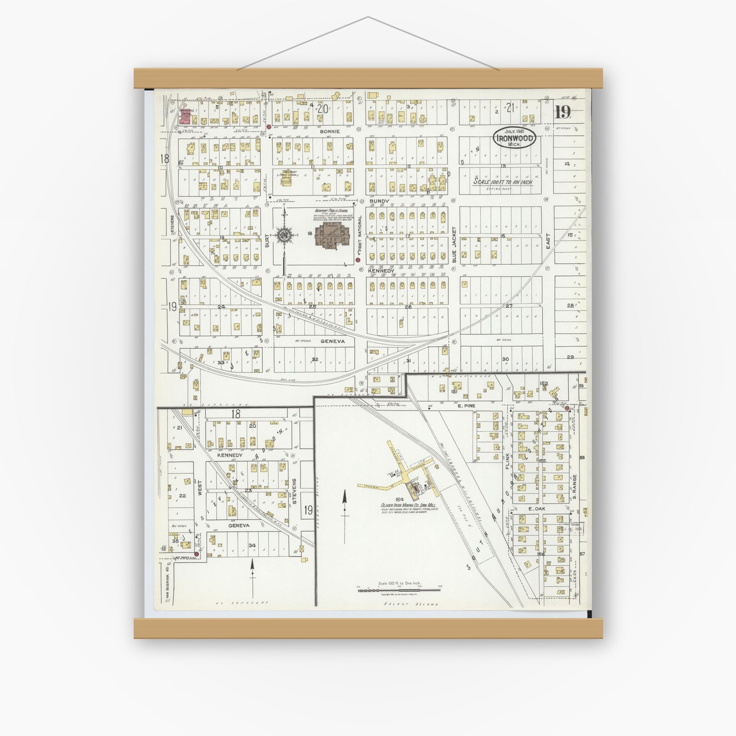 Old map wall art mockup — magnetic wood frame on white wall — Sanborn Fire Insurance Map from Ironwood, Gogebic County, Michigan (1921), Sheet #0019
