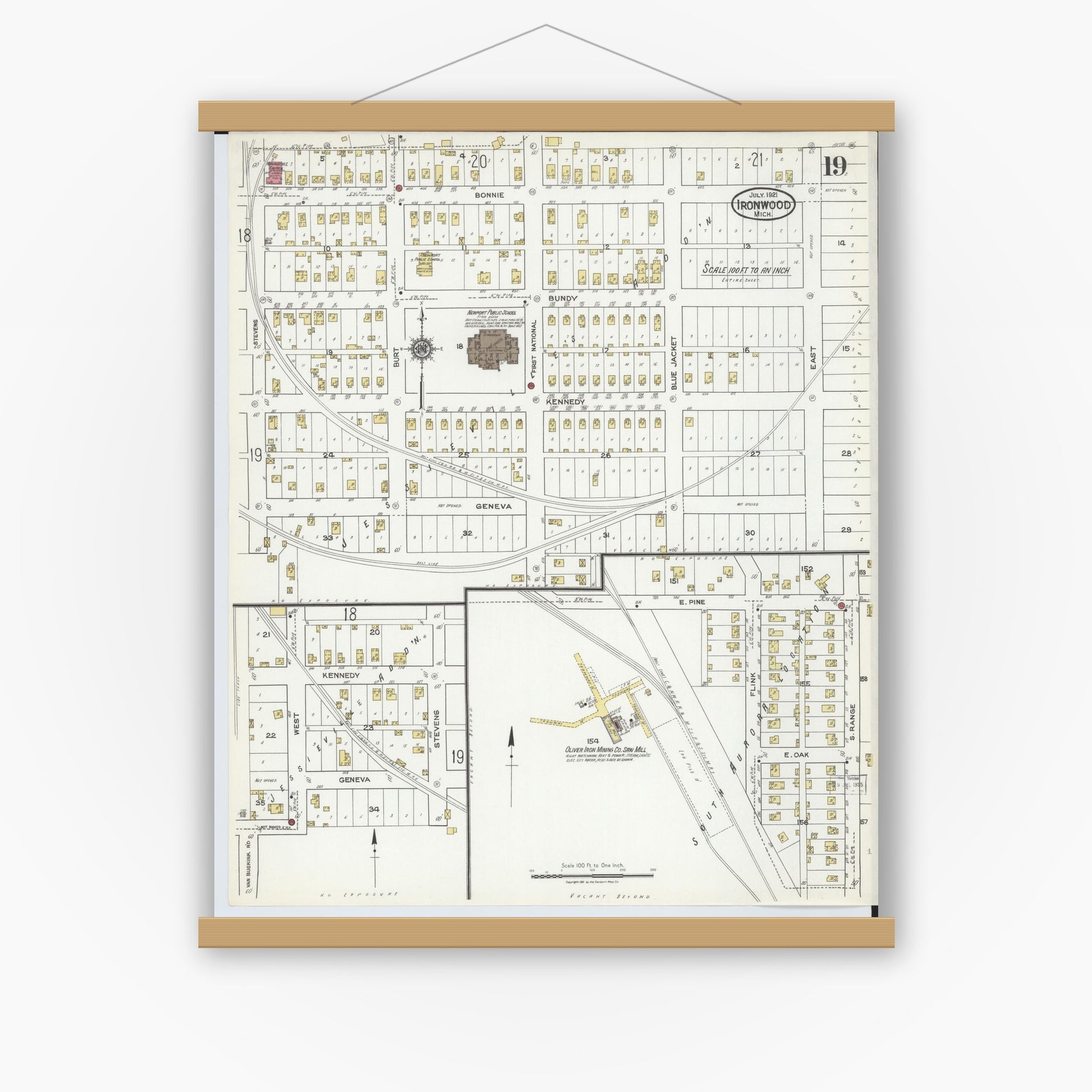Old map wall art mockup — magnetic wood frame on white wall — Sanborn Fire Insurance Map from Ironwood, Gogebic County, Michigan (1921), Sheet #0019