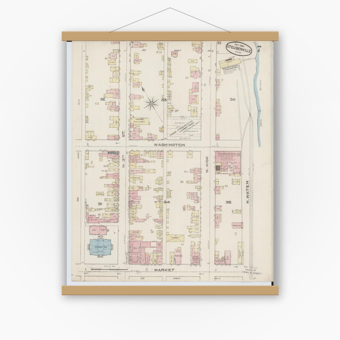 Old map wall art mockup — magnetic wood frame on white wall — Sanborn Fire Insurance Map from Steubenville, Jefferson County, Ohio (1885), Sheet #0007